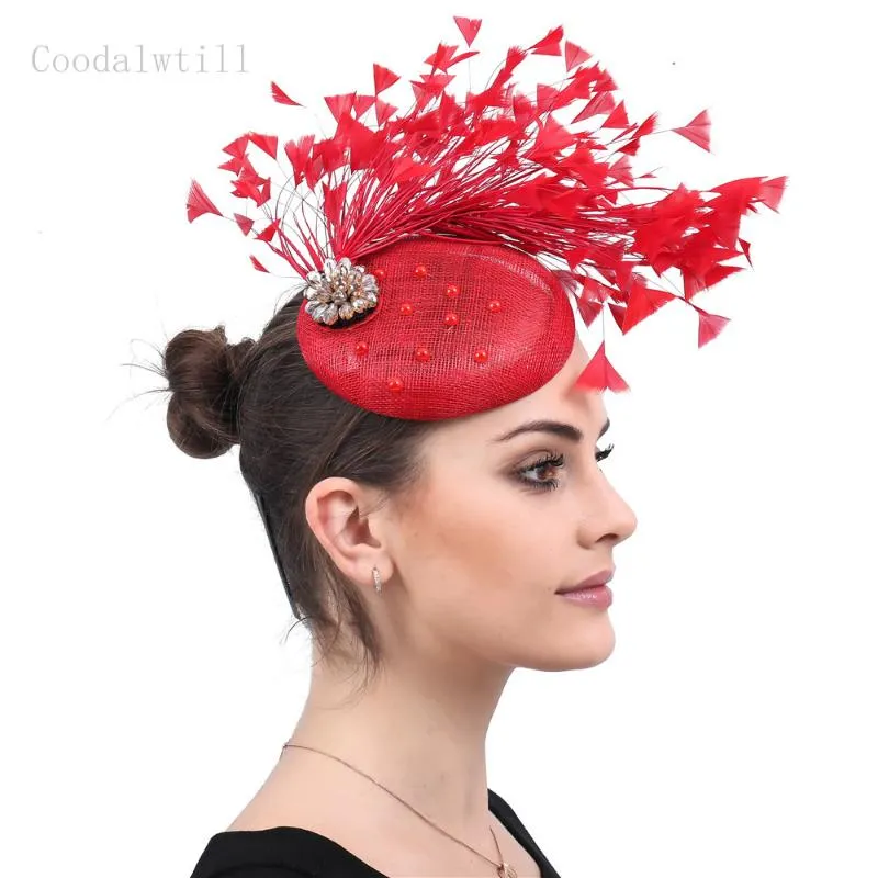 Stingy Brim Hats Red Vintage Headpiece Linen Fascinator Hat For Women Ladies Fedora Cap Formal Dress Wedding Feathers1256o