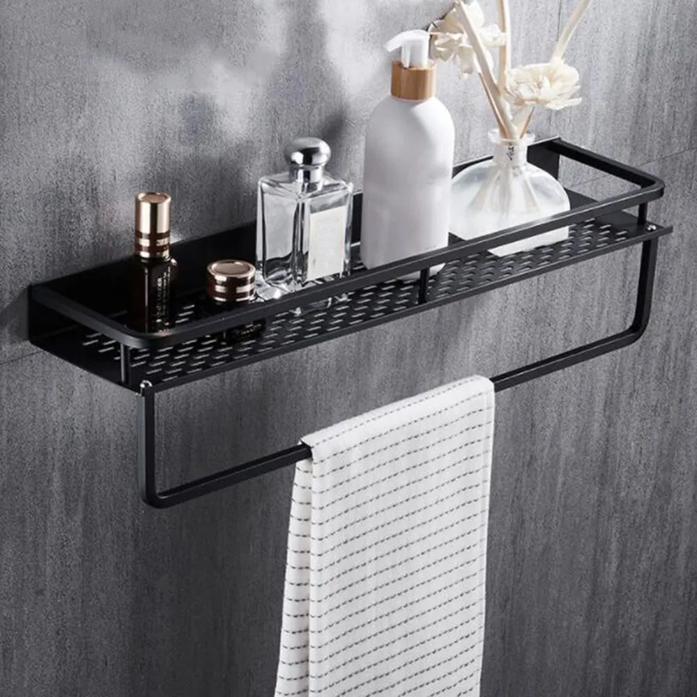 Noir Étagère De Salle De Bains En Acier Inoxydable Brosse À Dents Serviette Shampooing Titulaires Mur Monté Espace Douche Panier Accessoires Y200407