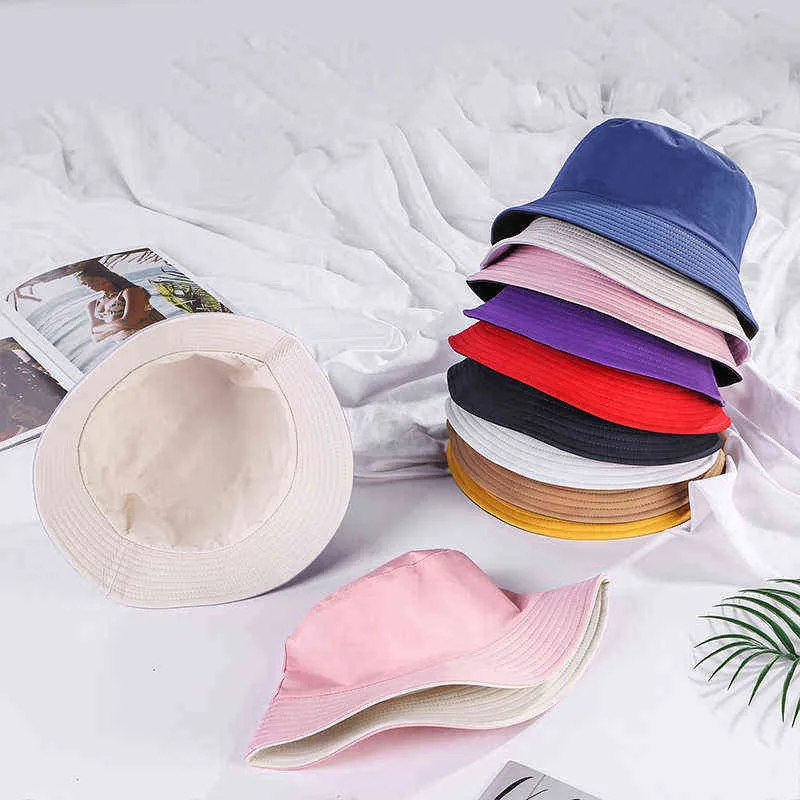 2020 Popular Double-Sided Bucket chapéu Mulheres Meninas Dobrável Outdoor Chapeau Sol Impedir Hats Algodão Fisherman Cap G220311