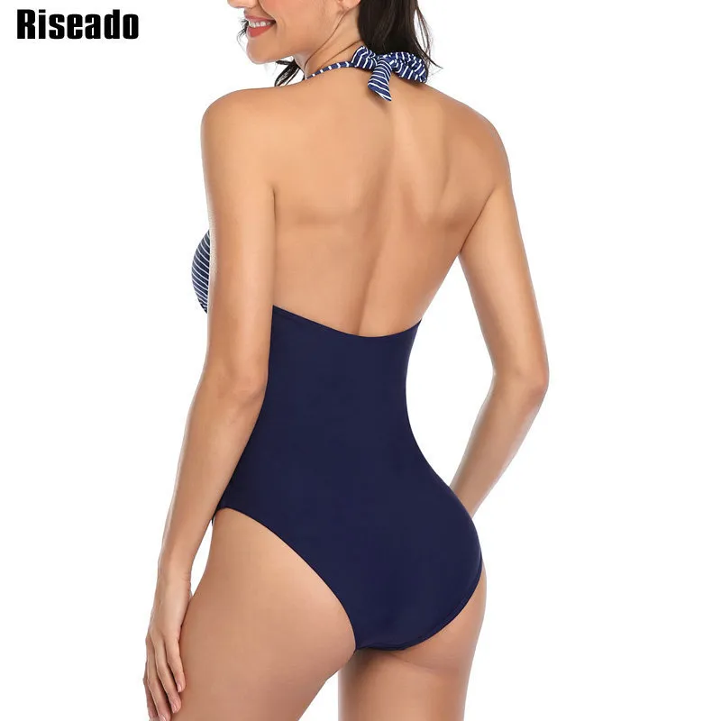 Riseado Vintage One Peça Swimsuits Listrado Impressão de Swimwear Feminino 2020 Halter Banhando Ternos Mulheres Belted Beach Swim Wear T200708