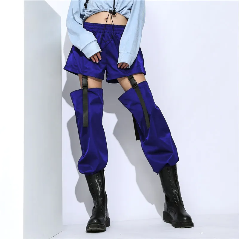 Female summer Capris fashion personality overalls sexy patchwork cropped pants solid color backpack buckle autumn casual trouser