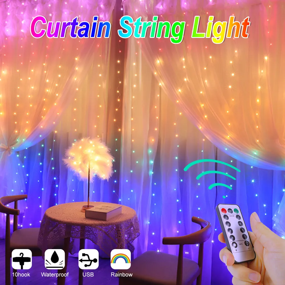 3x3m Gökkuşağı Perde Dize Işıkları Oda Noel Dekor için 8 Yönlendirmeler Su Geçirmez USB LED Peri Işık Uzaktan Perde Lamba Garland 201130