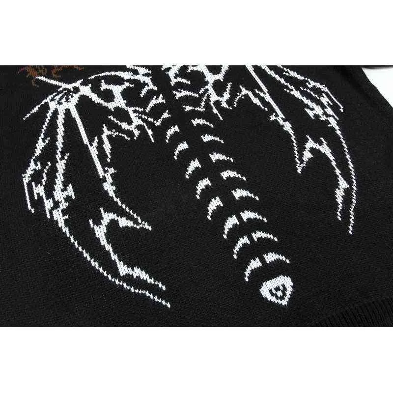 Hiphop streetwear stickad tröja gotisk brev bat skelett tryck pullover män hösten harajuku bomull casual 220125