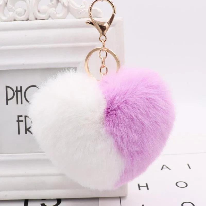 Trendy Double Color Heart Keychains for Women Pom Pom Faux Fur Key Chain Pompom Car Keyring Bag Pendant Accessories1257k