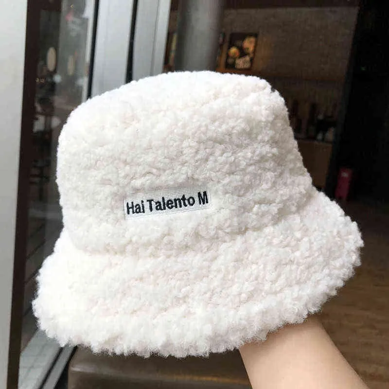 새로운 여성 겨울 모자 양동이 모자 소프트 양고기 봉제 부드러운 따뜻한 어부 모자 파나마 캐주얼 모자 야외 레이디 플랫 한국어 패션 Y220301