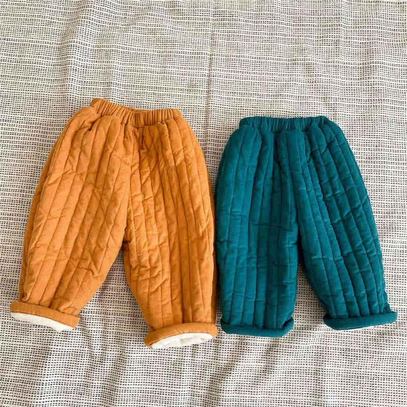 Winter unisex solid color corduroy quilted trousers 2-6 years Boys and girls fashion loose fleece thicken Hip pants 211224