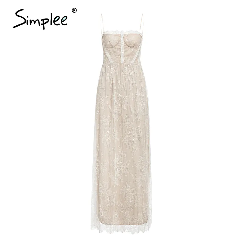 Simplee Sexy weiße Spitze Sommer Frauen Maxi Kleider Strand Spaghetti Strap rückenfrei plus Größe Kleid Mesh Femme langes Kleid Vestidos LJ200810