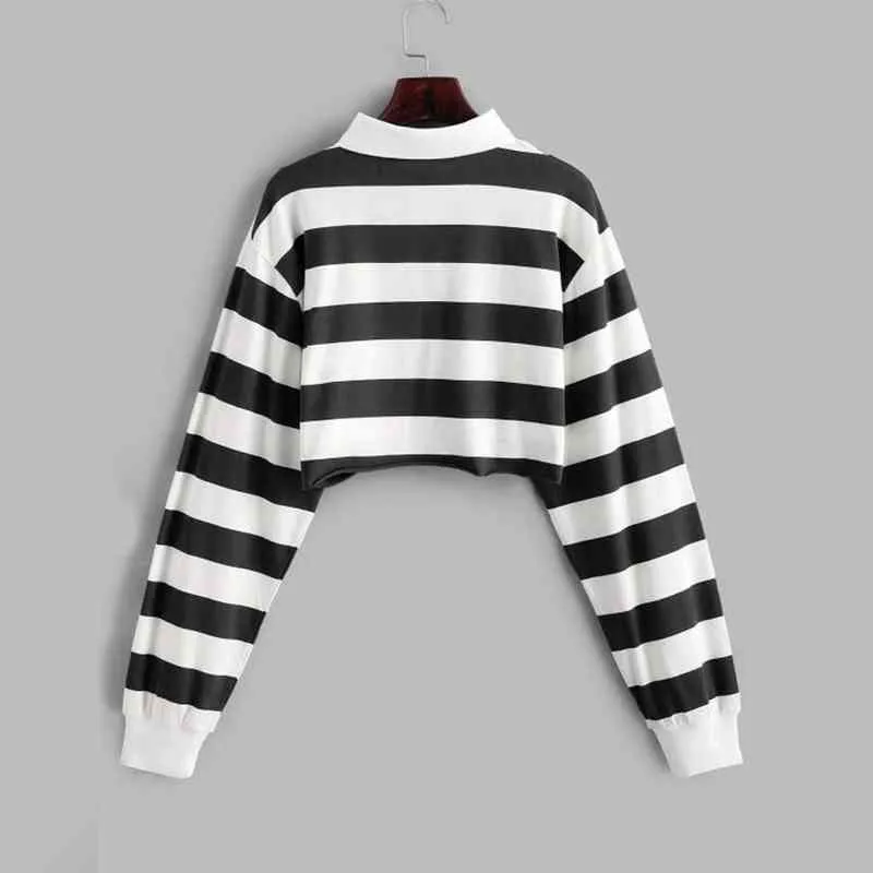 Przyciski mody w paski t-shirt casual jesień zima panie luźne tee crop topy kobiet kobiety koszula z długim rękawem Blusas pulower G220228