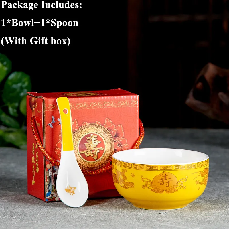 Chińskie pomyślne zastawa stołowa czerwona żółta ceramiczna porcelanowa zastawa stołowa urodzinowe Ramen Miski Zupa Rice Bowl Prezent do wystroju domu C9716469