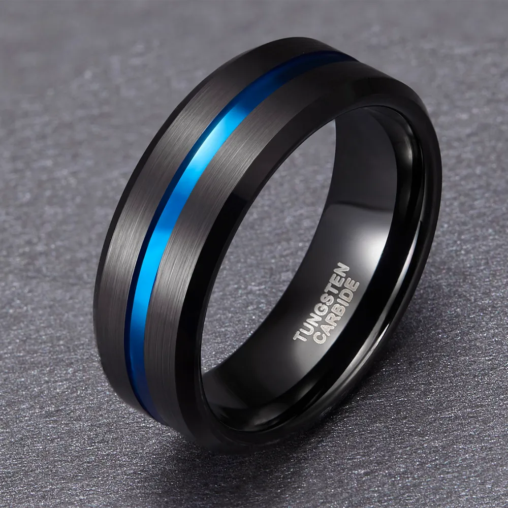 8mm Blue Line Inlay Herren Black Wolfram Carbid Ring für Verlobung Eheringe Mode Schmuck Freimaurer Ring Bague Homme 2012182948