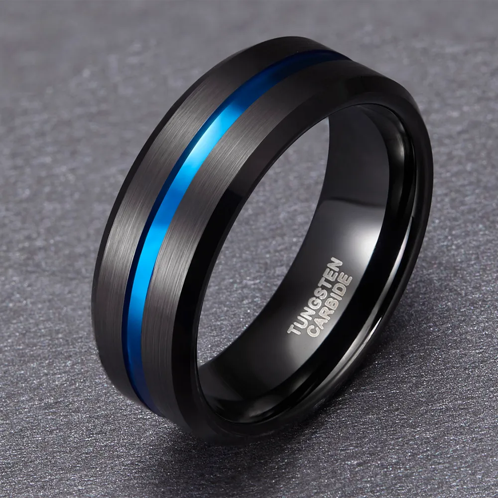 8mm Blue Line Inlay Mens Black Tungsten Carbide Ring for Engagement Wedding Rings Fashion Jewelry Masonic Ring Bague Homme 201218219e