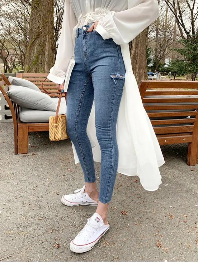 Röhrenjeans Frau Koreanischer Stil Blaue Leggings Loch Enge Bleistifthosen Jeans Hoch taillierte Denim-Knöchellängenhosen 756F 210420