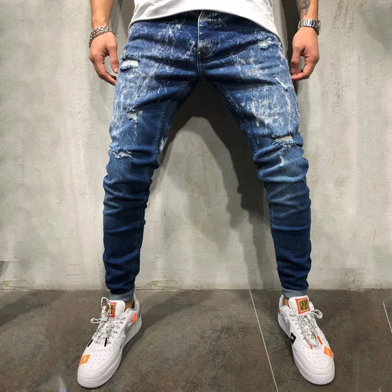 Qyzrfs mannen vernietigd gat jeans ripped stretch kleding skinny taped fietser broek mode casual slim fit denim mannelijke broek nieuwe LJ200903