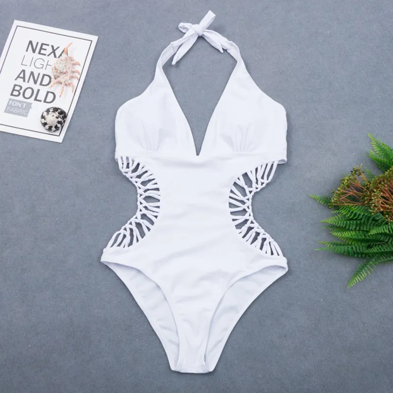 2020 Sexy Weiß Halter Cut Out Bandage Trikini Schwimmen Badeanzug Monokini Push Up Brasilianische Bademode Frauen Ein Stück Badeanzug T200708