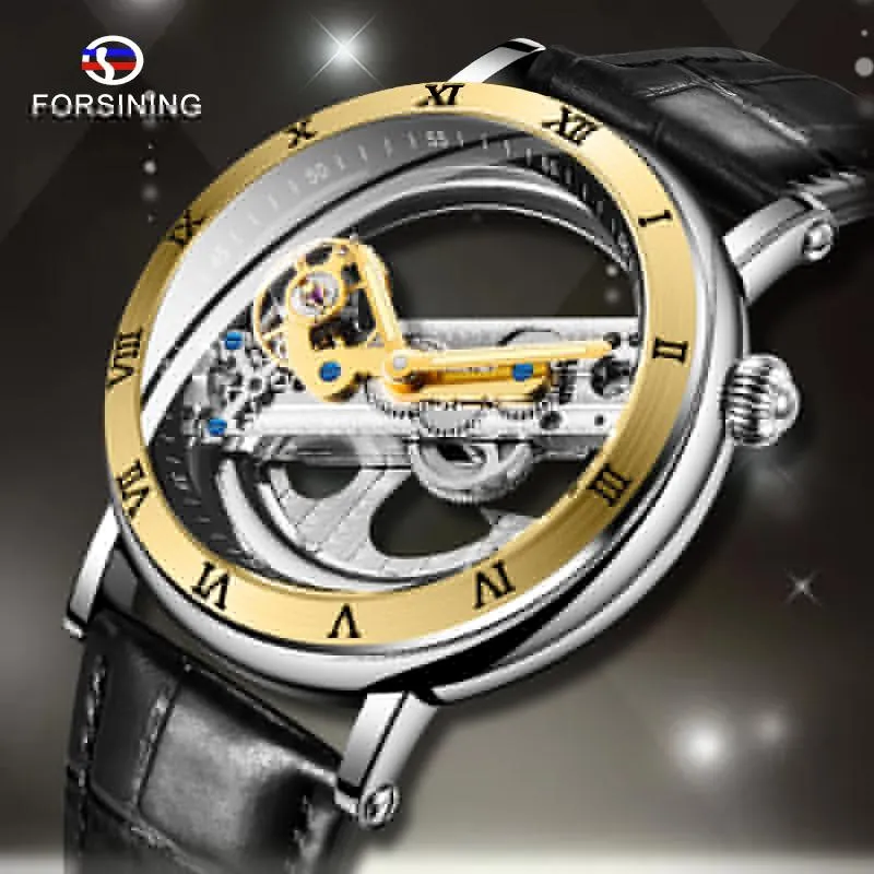 ForSining Fashion Transparent Skeleton Mechanical Men tittar på läderstarp Business Clock Mens Automatic Wristwatch1267G