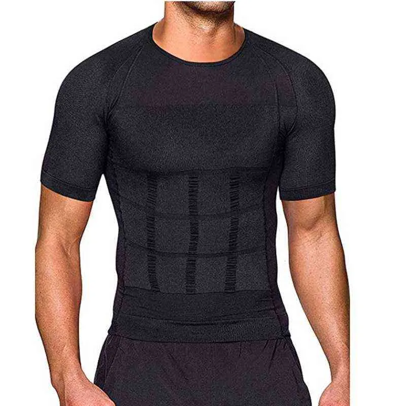 الرجال الجسم التنغيم t-shirt الجسم المشكل التصحيحية وضع قميص التخسيس حزام البطن البطن حرق الدهون ضغط مشد Y220214