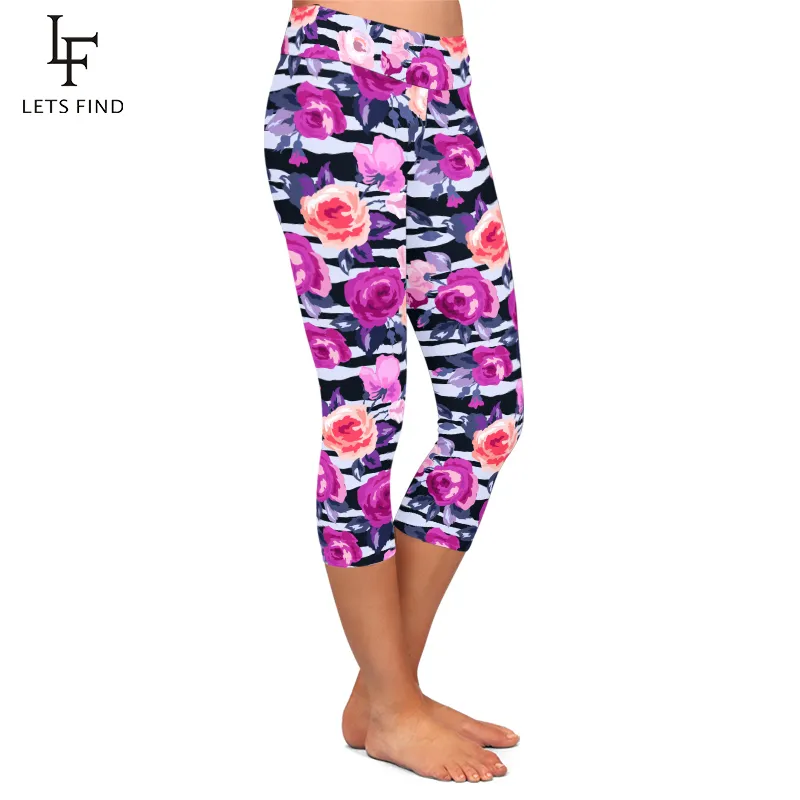 LETSFIND SUMMER HOTA KVINNOR 3D Färgglada blommor Skriv ut midkalf leggings Hög midja Fashion Women Fitness Legings 201014