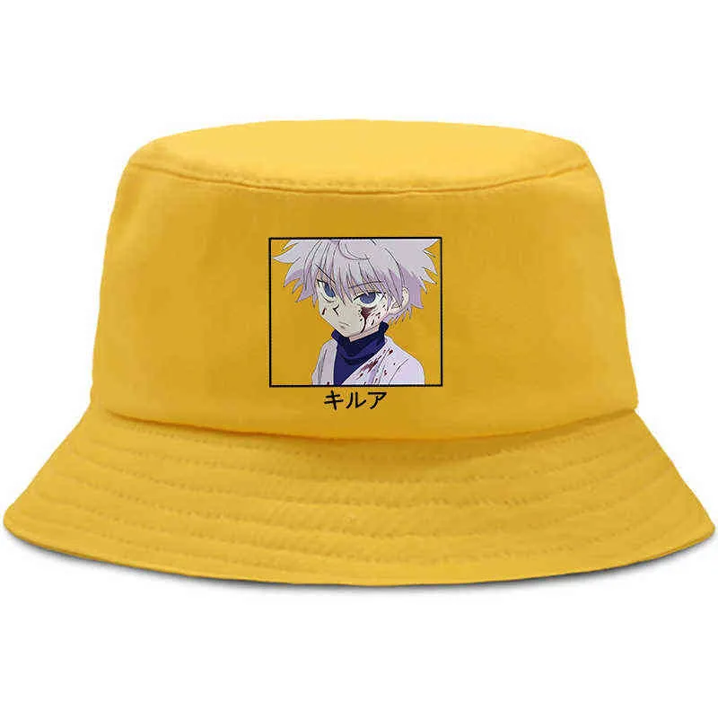 2021 Hunter X Hunter Killua Summer Hat Japanese Anime Women Men Panama Bucket Cap The Design Flat Visor Harajuku Fisherman Hats Y220301