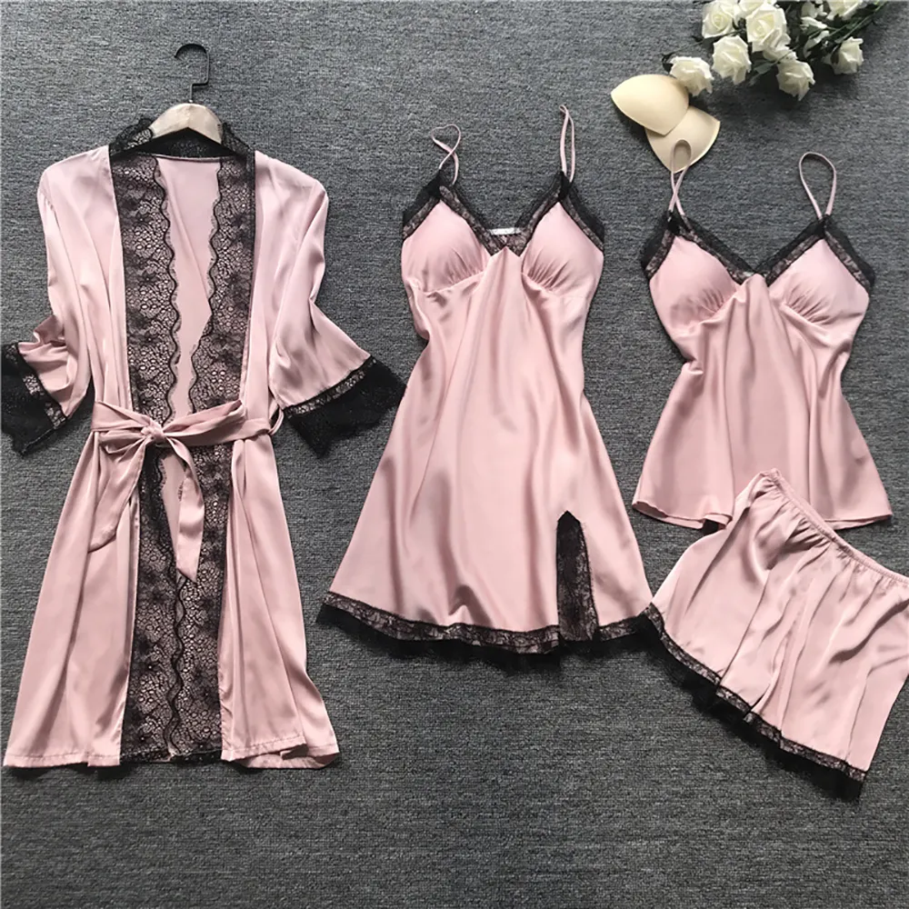 Summer 2020 Women Pajama Sets Sexy Lace Pyjamas Women Satin Silk Sleepwear Elegant Pijama with Chest Pads Homewear Y200708