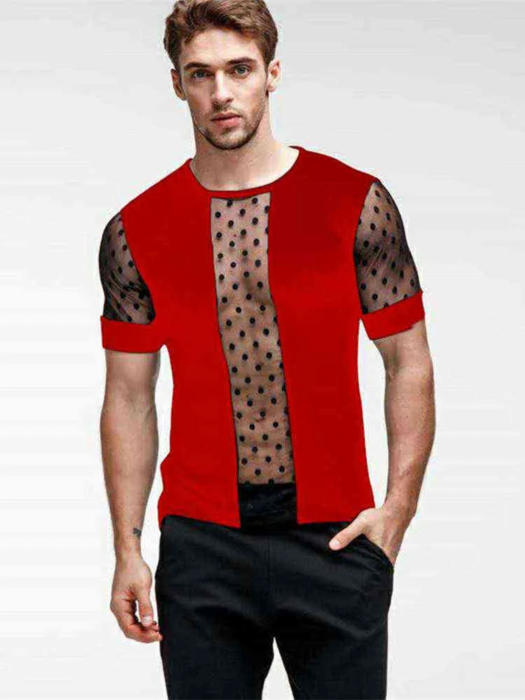 Tendance Hommes Transparent Sexy Mesh Crop Top T-shirt Crew Sports Slim Fit Gym Formation T-shirt Top Clubwear Résille Muscle Tee Gilet Y220214