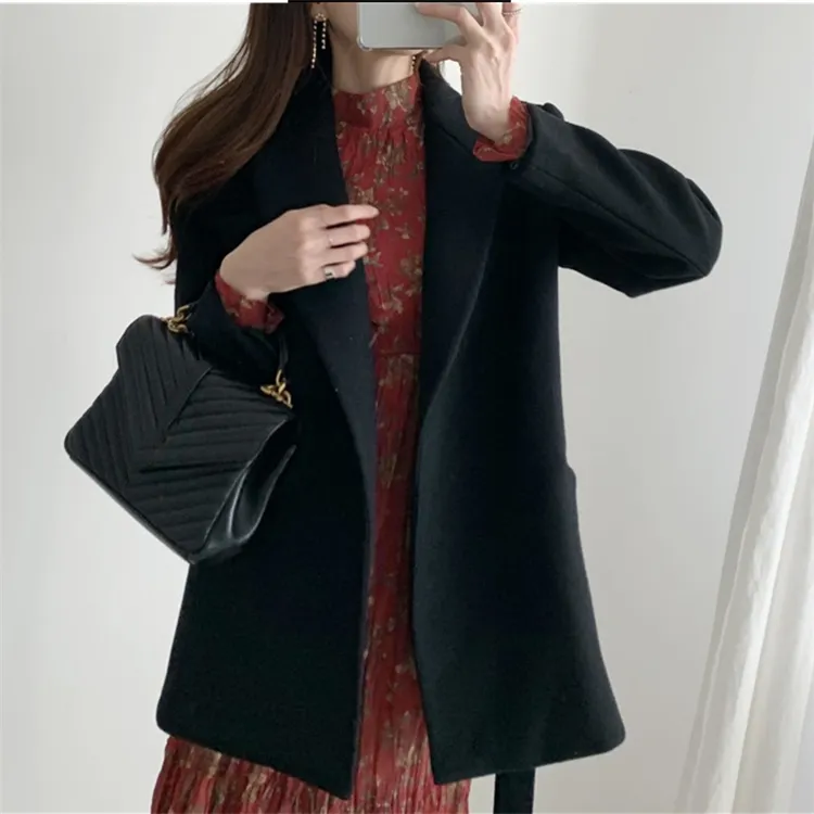 Colorfaith New 2020 Autumn Winter Women Blazers Woolen Formal Jackets Outerwear Lace Up Office Lady Wild No Quilted Tops LJ200907