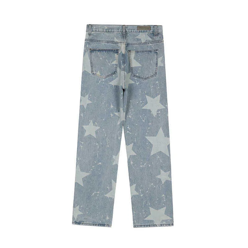 Mäns Jeans High Street Hip Hop Star Print Loose Casual Jeans Daddy Pants