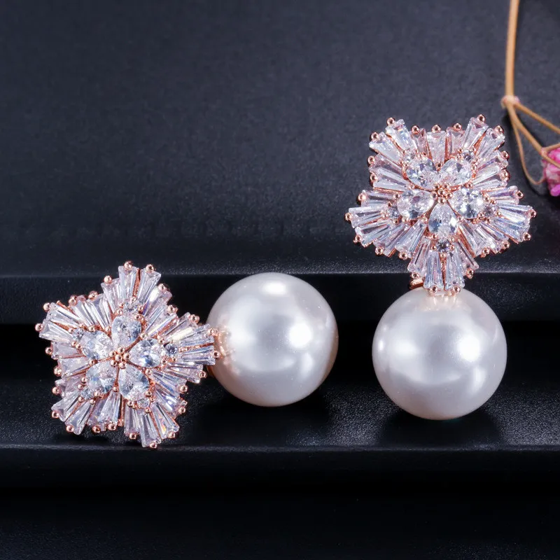 Snowflake Imitation Pearl Luxury Bride Charm Designer Earrings Jewelry White Grey Red Pearl AAA Cubic Zirconia Copper Silver Earri326O