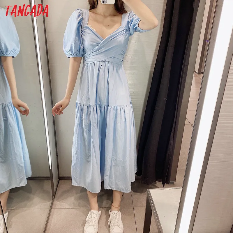Tangada mode femmes bleu plissé croix robe d'été nouvelle arrivée à manches courtes dames robe midi Vestidos 2W114 T200603
