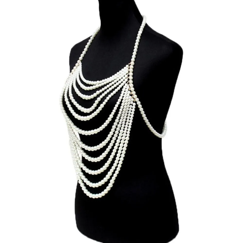 Einzigartige mehrschichtige Nachahmung Perle Bralette Top Körperkette für Frauen Sexy Brust Halskette Kette Schmuck Dessous Party Zubehör T200508