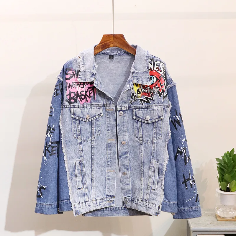 Autumn New Fashion Denim Coat Women Harajuku Graffiti Print Worn Out Long Sleeve Denim Jacket Girl Students Jeans Coats Outwear T200319