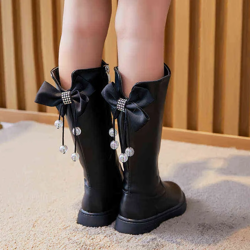 Girls Boots Children's Bowknot Little Girl Leather Princess High Winter Single Shoes Black Flats Boot 211227