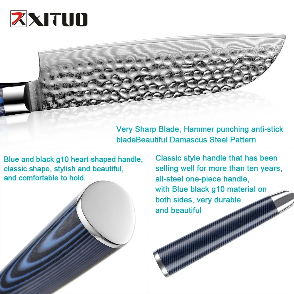 Xituo santoku faca real damasco aço martelo forgingl facas de chef não-stick cutelo de cozinha cortando vegetal azul redondo novo