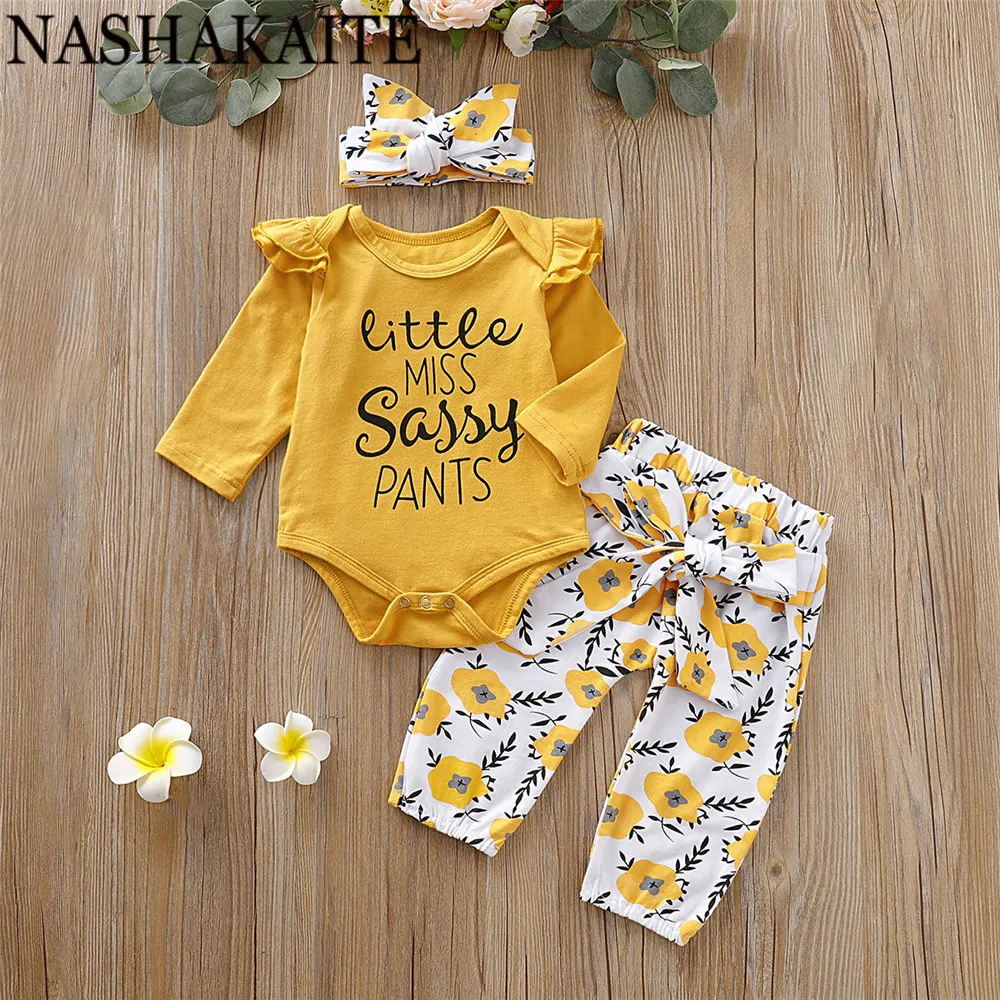 NASHAKAITE Born Baby Clothes Set Yellow Floral Letter Long Sleeve Baby Romper Bowknot Pants Headband Baby Girl Clothes LJ201223