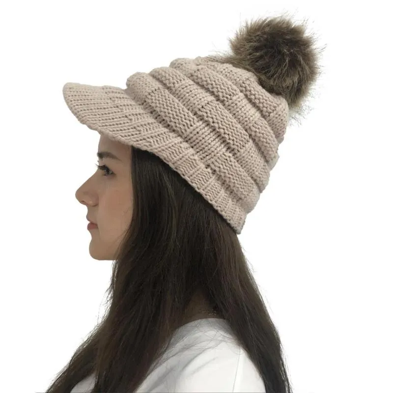 Crochet Baseball Cap Ski hat Women Winter Warm Knit Hat Pom Pom Fur Snow Ski Caps With Visor Beanie Drop3162