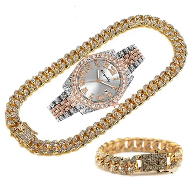 Montres-bracelets Montres entièrement glacées Hommes Cubain Lien Chaîne Bracelet Collier Couple Bling Bijoux Pour Hommes Grandes Chaînes En Or Hip Hop Wa296y