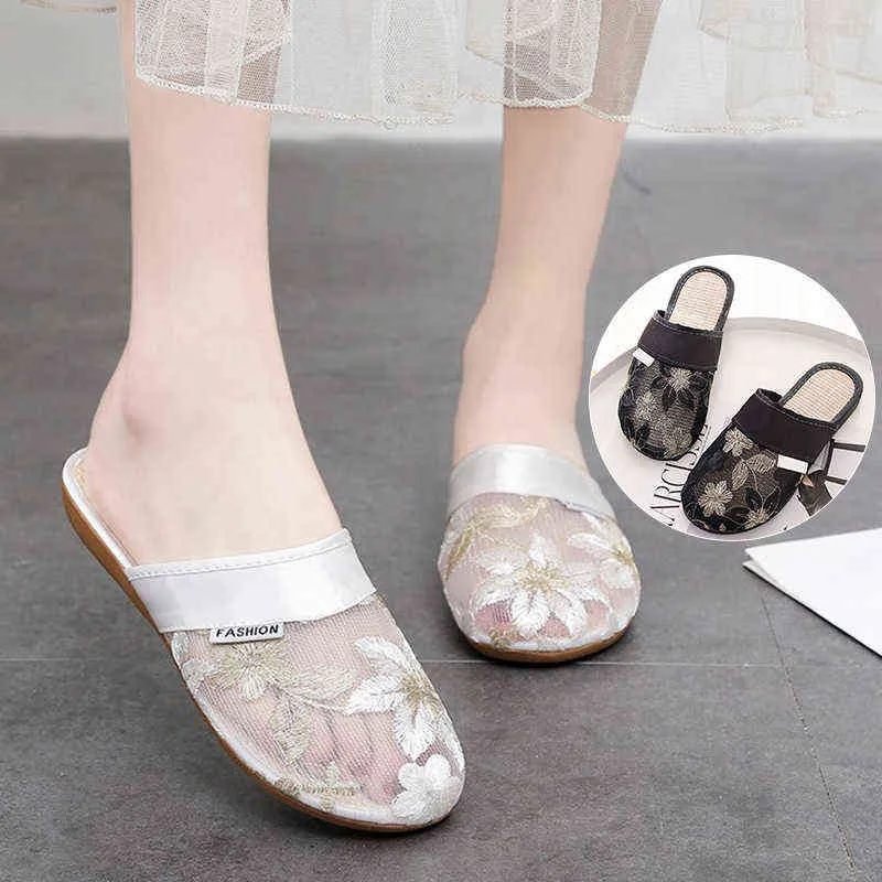 Kadın Yaz Terlik Baotou Çin Nakış Çiçekler Sandalet Bayanlar Rahat Çevirme Ulusal Kapalı Açık Ayakkabı W220218