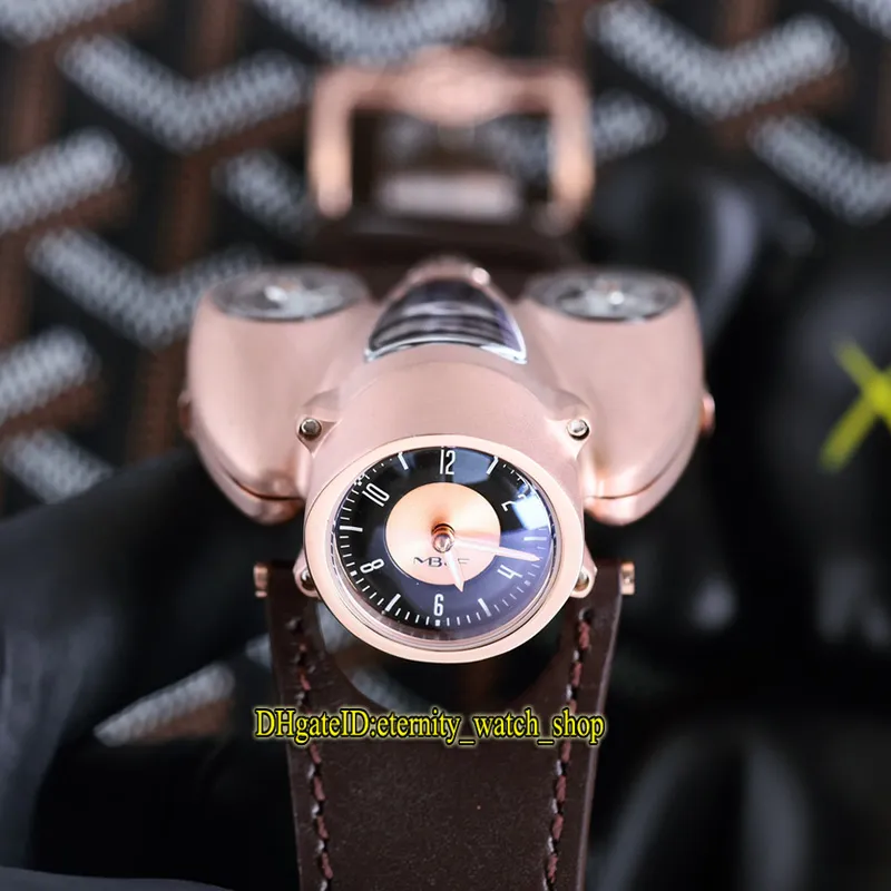 MBF Mens Watch HM9 Flow Red Gold Horological Machine Swiss Swiss Quartz يعتمد مبادئ الديناميكية الهوائية الهيكل العظمي Dial أسود الجلود 2612