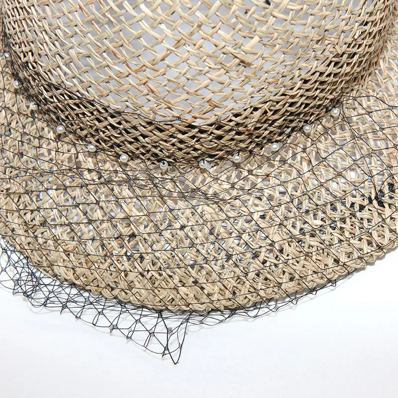 Ladies Fashion Veil Pearl Party Hat Hollow Seagrass Bucket Women Sun Beach Cappelli Wholeasle S1071 Y200714