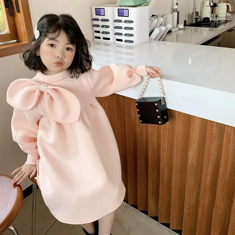 Girls Winter Dress Long Sleeve Pink Color Unique Design Princess with Bow Children Sweet Clothes for Baby Girl 220309