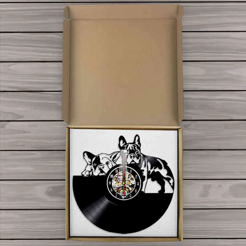 Bulldog francese Orologio da parete con disco in vinile Design moderno Animal Pet Shop Decor Orologio da parete cucciolo Relogio De Parede Bulldog Lover Gift H1230