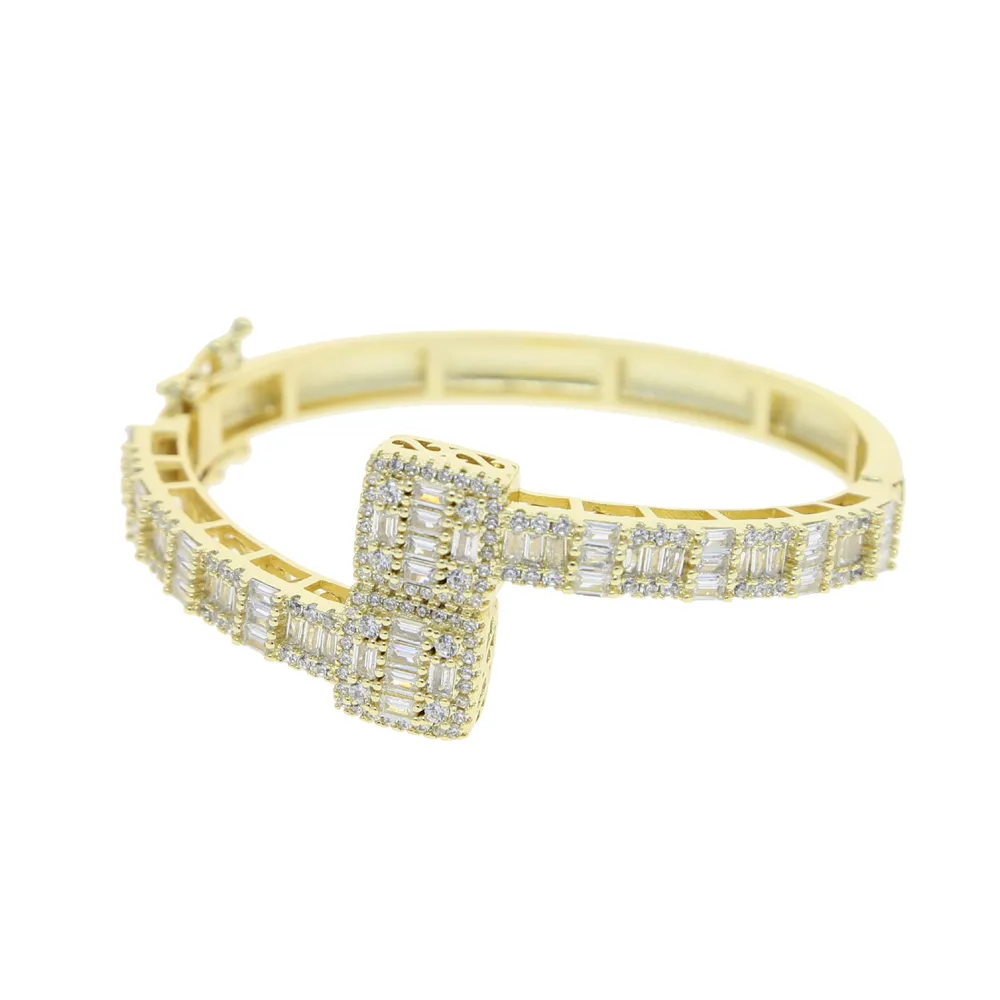 New Hip Hop Gold Silver Color Opened Square Zircon Charm Bracelet Iced Out Bling Baguette CZ Bangle for Men Women Luxury Jewelry