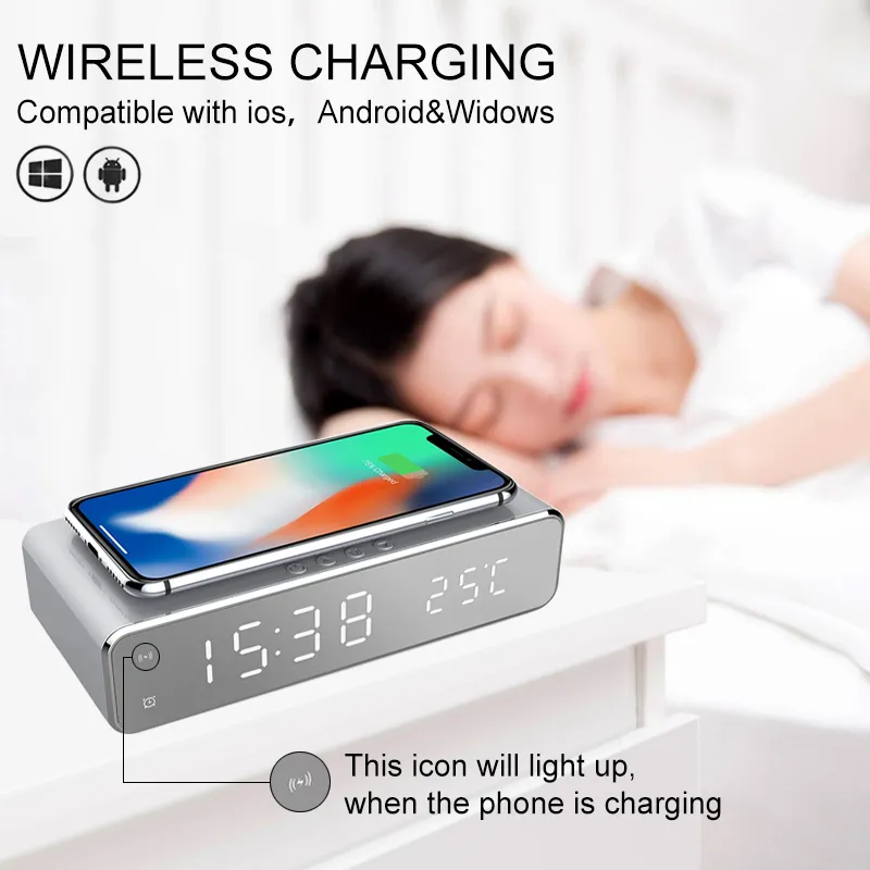 Electric LED Alarm Clock With Mobile Phone Wireless Charger HD Mirror Time Memory Digital Thermometer 220311