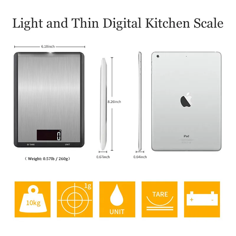 Цифровая кухонная еда 22 фунтов / 10 кг, прецизионная еда весы ЖК-дисплей закаленного стекла поверхностный сенсорный экран 201117