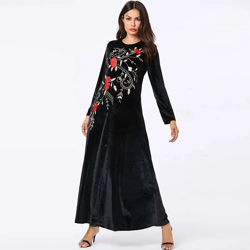 Plus Rozmiar Jesień Długi Maxi Floral Haft Aksamitny Sukienka Kobiety Damskie Sukienki Ropa Mujer Abaya Muzułmańska Robe Longue Femme Elbise 201125