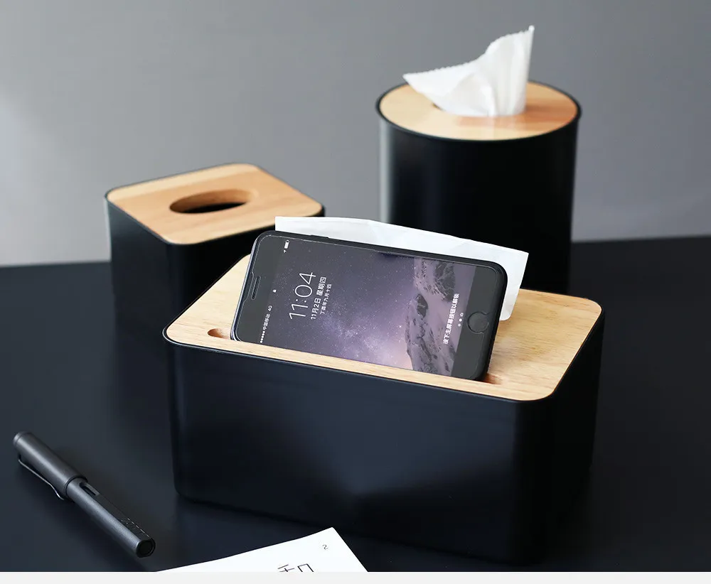 Conteneurs de mouchoirs de couleur noire modernes avec support de téléphone, couverture en bois, type de siège, rouleau de papier, boîte de rangement pour tampons de coton, Y20277u