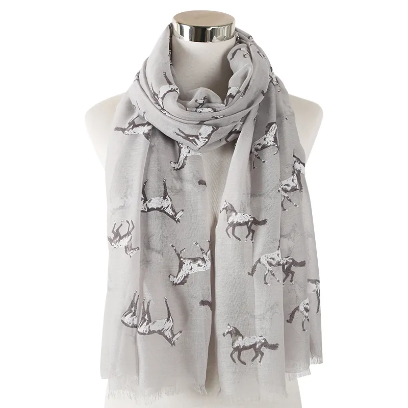 Foxmother New Fashion Lightweight Pink Grey Color Running Horse Scarf Animal Print Scarves Women Ladies Foulard Femme Y201007