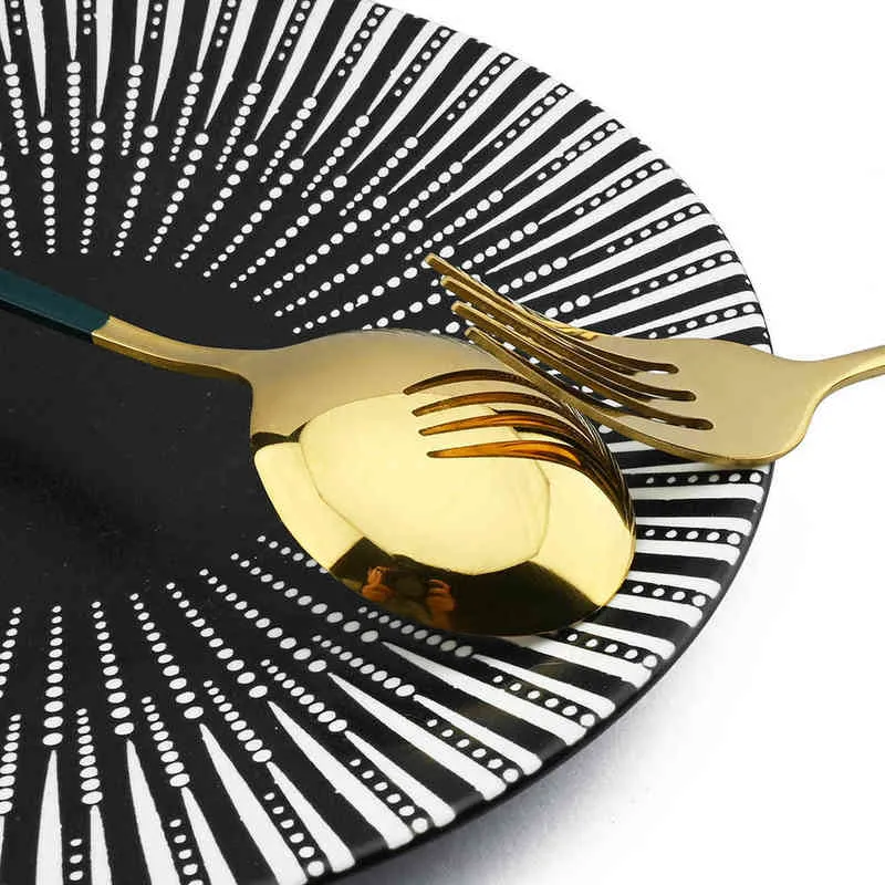 En Acier Inoxydable Service De Vaisselle Cuisine Vert Or Couverts Couteau Fourchette Cuillère Couverts Vaisselle Minimaliste Argenterie 211229