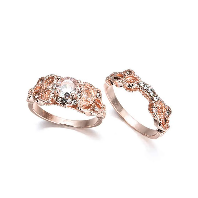 Conjunto de anel de casamento feminino luxuoso, 2 peças, corte redondo brilhante, pedra de zircônia, cor ouro rosa, acessórios de joias de cristal para festa 6728958