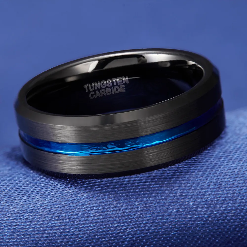 Anel de carboneto de tungstênio masculino, 8mm, linha azul, preto, para noivado, casamento, joias, anel maçônico, bague homme 2012182645