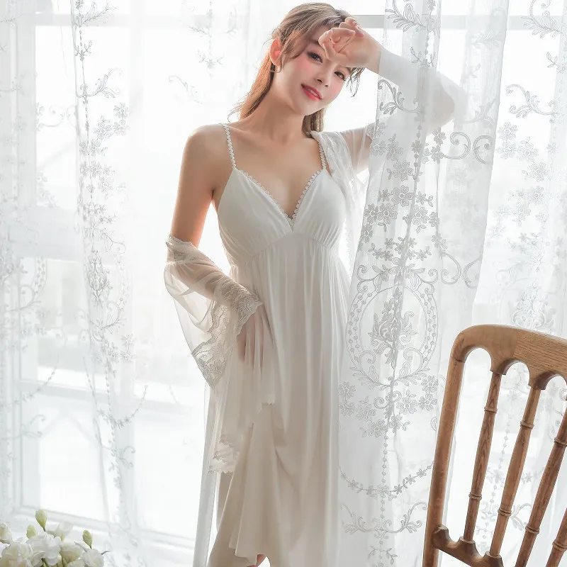 Frühling Sommer Modale Spitze 2-teilige Damen Nachthemden Vintage Prinzessin Gaze Robe Sets Weibliche Sexy Slip Nachtkleid Weiß / Rosa LJ200822